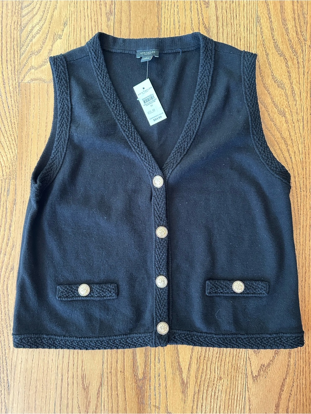 NWT Ann Taylor Factory Black  Braided trim Vest w/gold buttons sz M